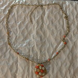 Gold Tone Necklace with Coral & Cream Stones